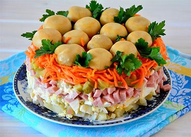 Classic salad recipe Lesnaya Polyana: maligaya na puff at mabilis araw-araw