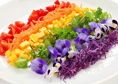 Rainbow Salad: lutuin sa mga layer, slide, arko at bilog