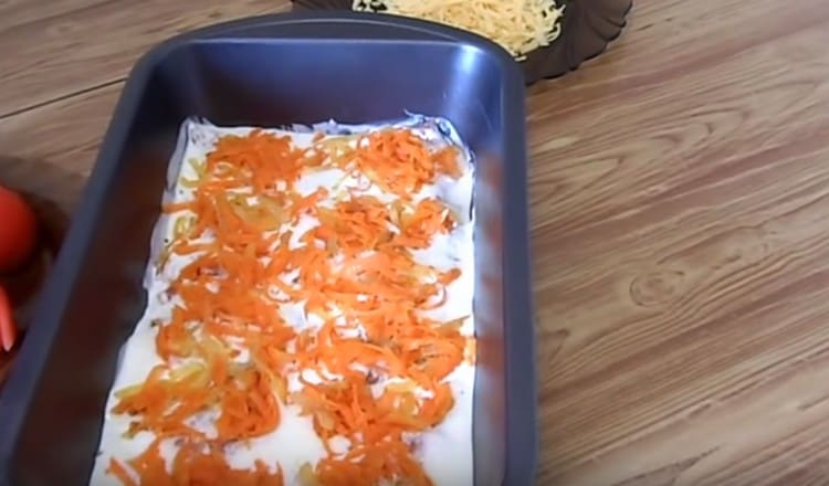 Wir verteilen Karotten mit Zwiebeln auf jedem Stück.