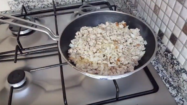 Mescolare la cipolla con pollo e friggere.